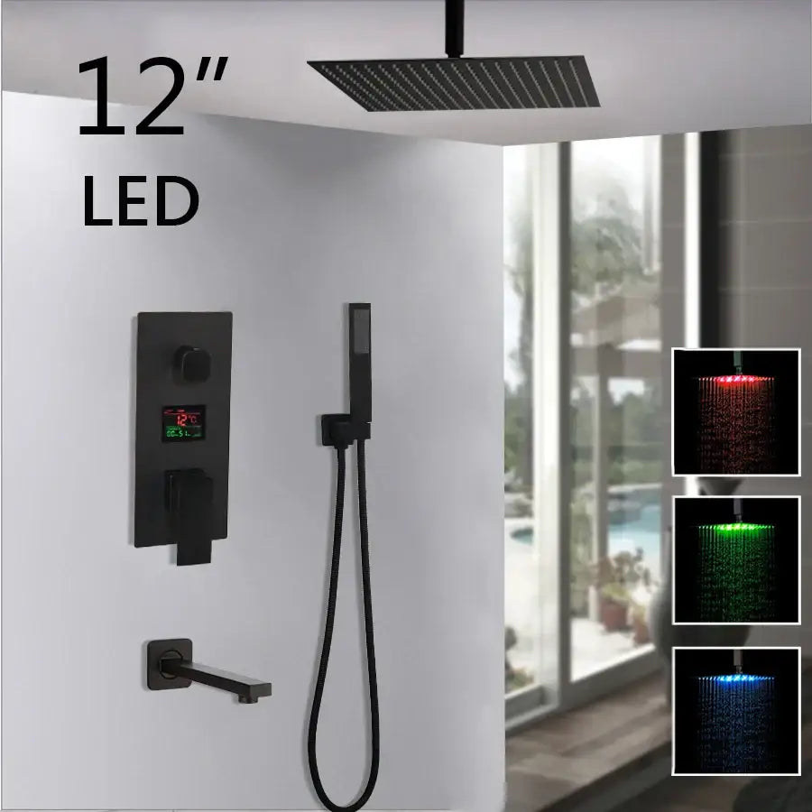 Matte black 12-inch led rainfall shower faucet set with color-changing lighting for modern bathroom use