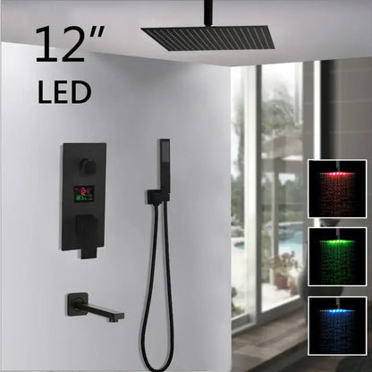 Matte black 12-inch led rainfall shower faucet set with color-changing lighting for modern bathroom use