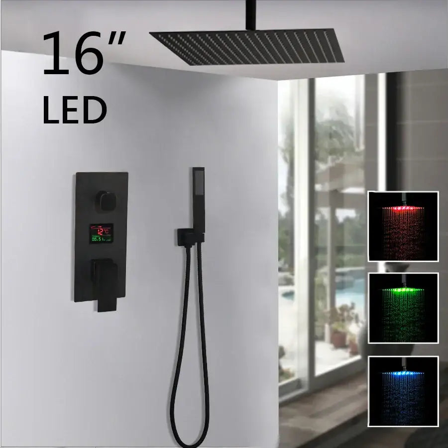 Matte black 16-inch led digital shower faucet set with rectangular design and color-changing lighting options