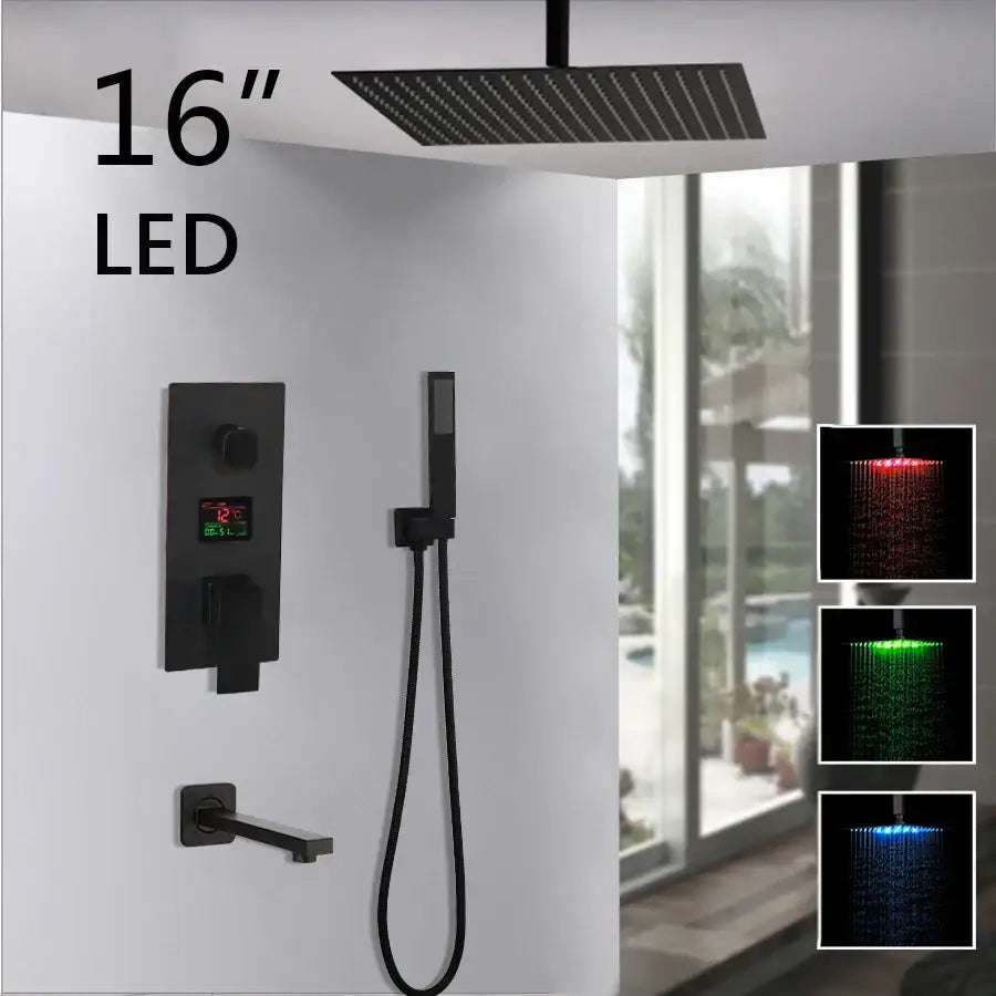 Matte black led digital shower faucet set with 16-inch square black matte finish rain head and color-changing lighting options