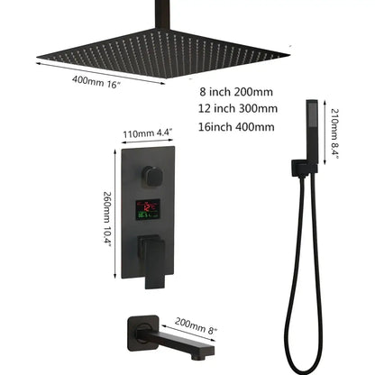 Matte black led digital shower faucet set with black matte square showerhead and integrated temperature display