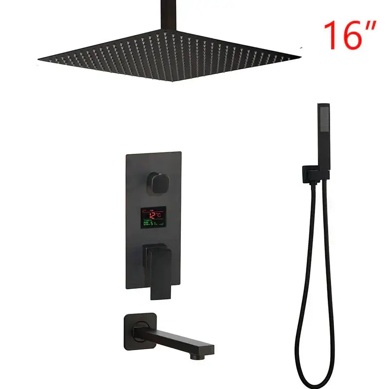 Matte black 16-inch square rain shower head with digital temperature display and handheld shower faucet set