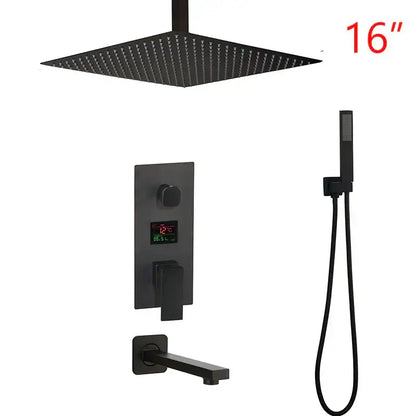 Matte black 16-inch square rain shower head with digital temperature display and handheld shower faucet set