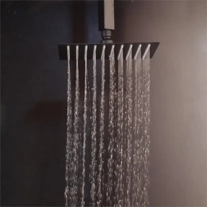 Matte black led digital shower faucet set with square rain head and multiple water streams flowing downward