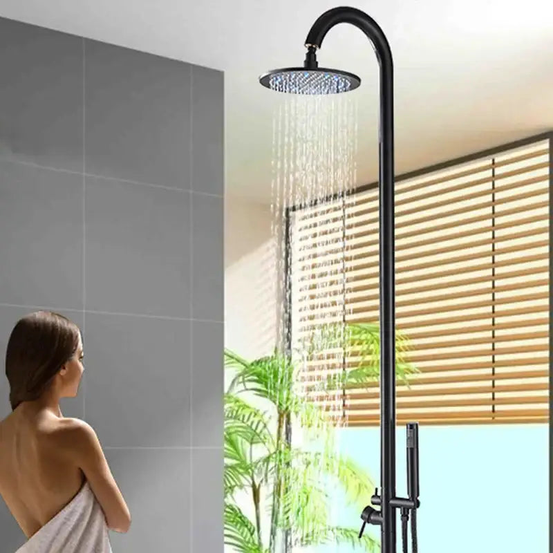 Matte black led rainfall outdoor shower set with black matte finish rain shower head and integrated handheld sprayer