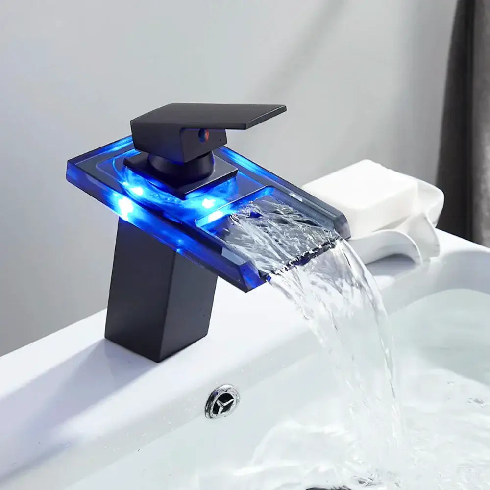 Matte black led waterfall basin faucet with blue led light and black matte finish spout and handle for bathroom decorbites led waterfall