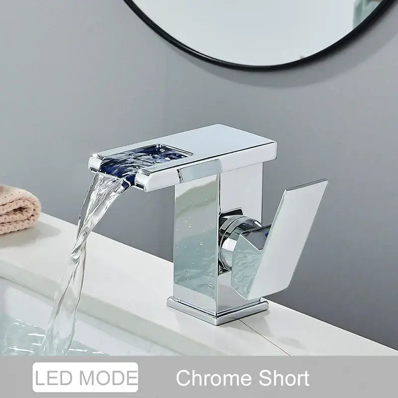 Chrome-finished led waterfall basin faucet with sleek modern design featuring decorbites led waterfall lighting