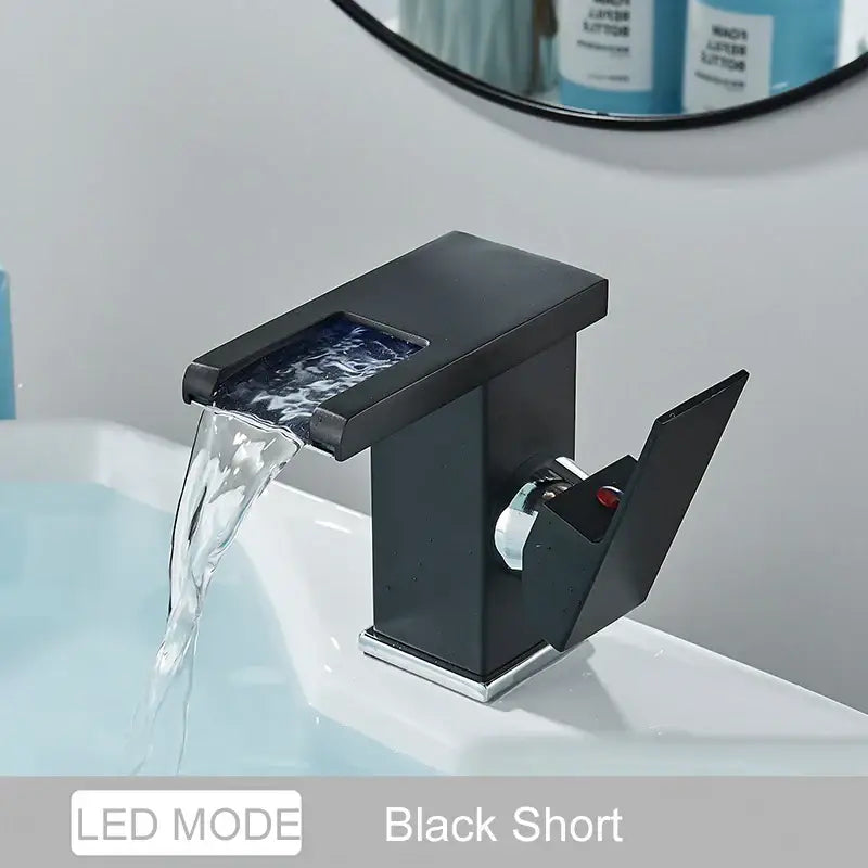 Matte black led waterfall basin faucet with short waterfall spout and modern design for bathroom decorbites led waterfall
