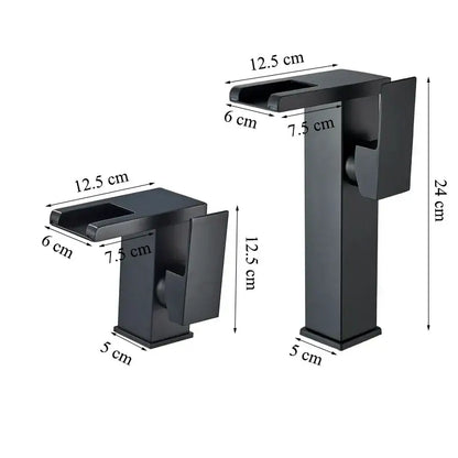 Matte black led waterfall basin faucet with sleek rectangular design and integrated handle decorbites led waterfall basin