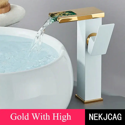 Matte black led waterfall basin faucet with gold-accented rectangular spout and green gold mosaic decorbites led waterfall design