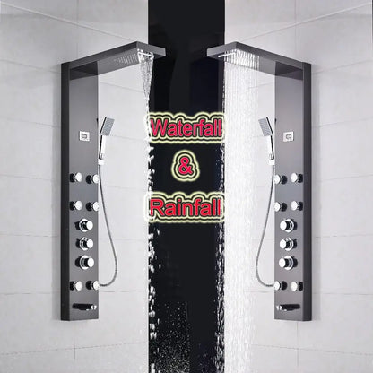 Matte black massage jets shower panel with waterfall and rainfall heads chrome control knobs and handheld shower decorbites black massage