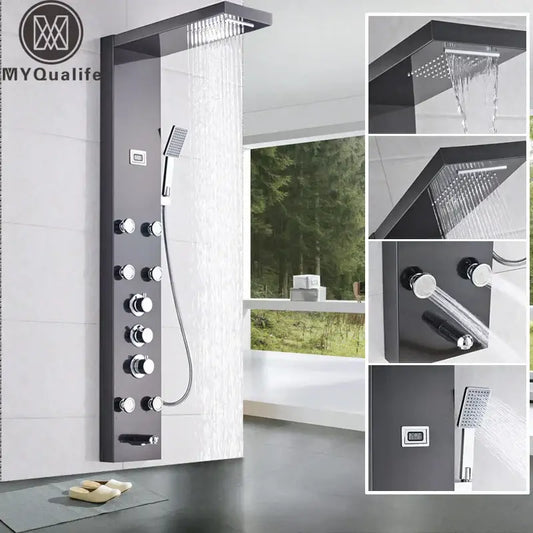 Matte black massage jets shower panel with chrome knobs and handheld showerhead for bathroom thermostatic mixer decorbites black massage