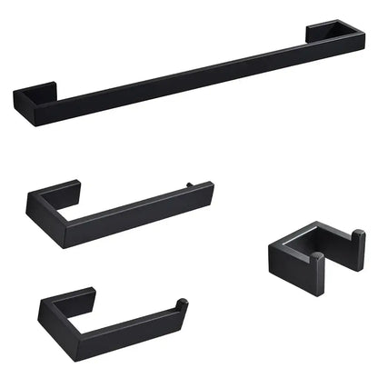 Matte black metal bathroom hardware set featuring towel bar hooks and toilet paper holder for bathroom storage rack