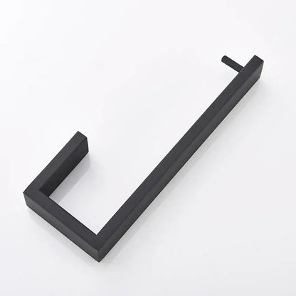 Matte black metal bathroom hardware set featuring a minimalist rectangular towel rack with a black matte finish