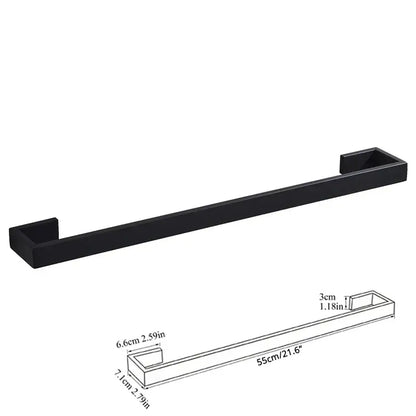 Matte black metal towel rack with rectangular ends in a sleek bathroom hardware set for modern storage solutions