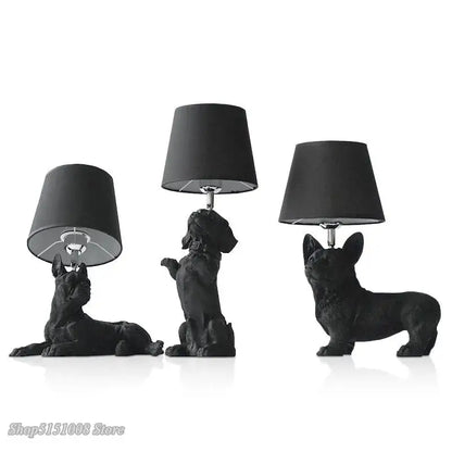 Set of three black resin puppy dogs table lamps with matte black and off-white shades for bedroom decor