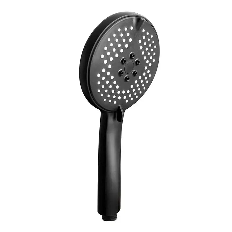 Matte black pressure boost shower head with hose featuring a circular black matte-finish face with central spray nozzles