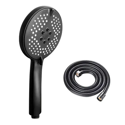 Matte black pressure boost shower head with multiple spray holes and flexible hose for enhanced bathroom use