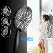 Matte black pressure boost shower head with hose featuring multiple spray settings and toggle for water discharge adjustment