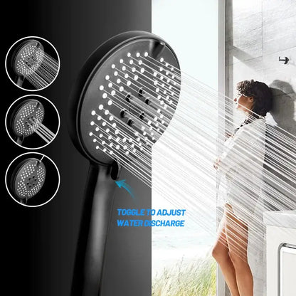 Matte black pressure boost shower head with hose featuring multiple spray settings and toggle for water discharge adjustment