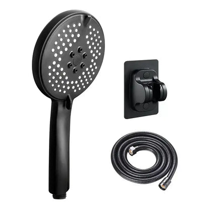 Matte black pressure boost shower head with hose featuring black matte finish circular face and multiple spray holes