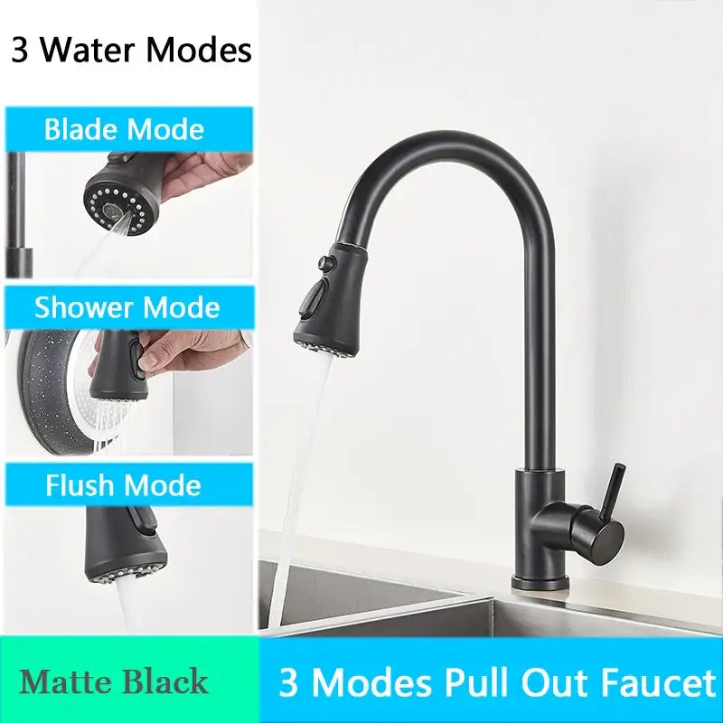 Matte black pull out kitchen faucet with high arc spout and three spray modes made of decorbites black sus304 black sus304 pull