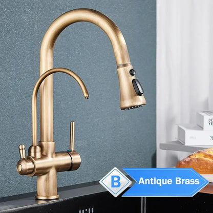 Antique brass kitchen faucet with curved spout and pull-down spray head in decorbites black pull water filter mixer design