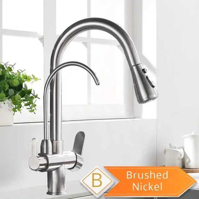 Matte black decorbites black pull kitchen faucet with brushed nickel arched spout and pull-down spray head with water filter mixer