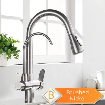 Matte black decorbites black pull kitchen faucet with brushed nickel arched spout and pull-down spray head with water filter mixer