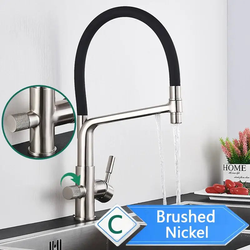Brushed nickel kitchen faucet with black flexible hose and single lever handle for decorbites black pull water filter mixer