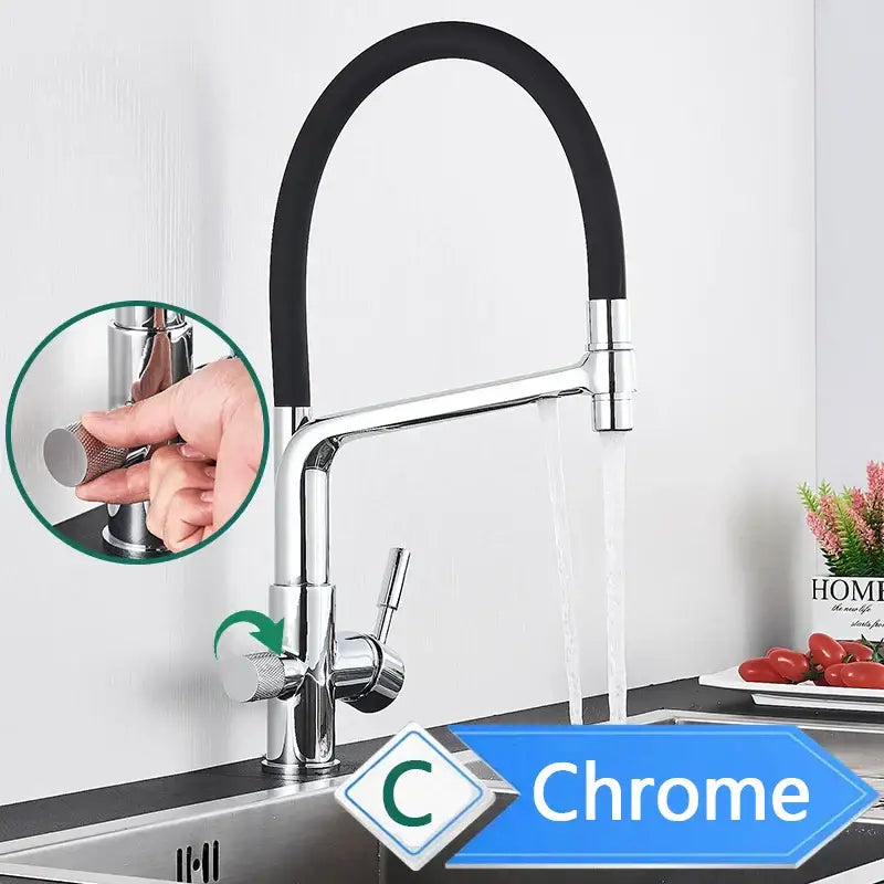 Chrome finished kitchen faucet with flexible black rubber hose and pull-down spout decorbites black pull model