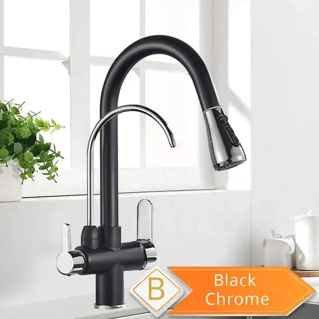 Matte black decorbites black pull kitchen faucet with sleek curved spout and pull down spray head with water filter mixer