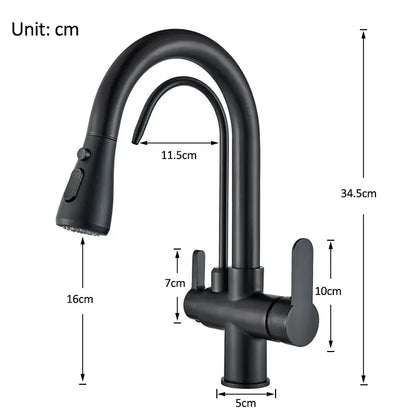 Matte black pull out kitchen faucet with water filter mixer featuring decorbites black pull dual handles and pull-down spray head