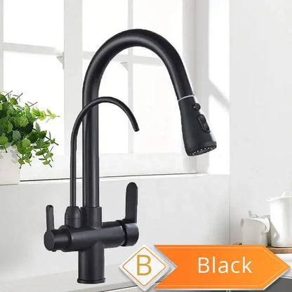 Matte black decorbites black pull kitchen faucet with curved spout and pull-down spray head and water filter mixer