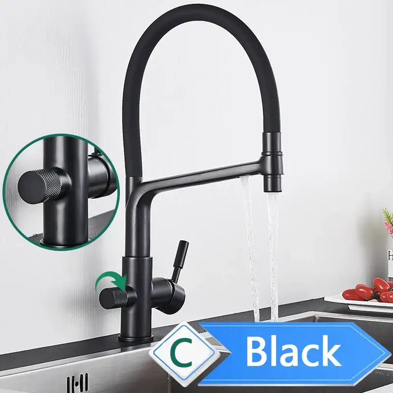 Matte black pull out kitchen faucet with water filter mixer featuring a curved spout and textured control knobs by decorbites black