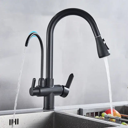 Matte black pull out kitchen faucet by decorbites with water filter mixer and dual handles for hot and cold water
