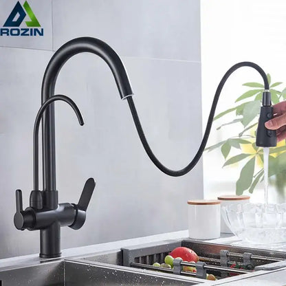 Matte black pull out kitchen faucet by decorbites with flexible gooseneck spout and dual handles for hot and cold water control