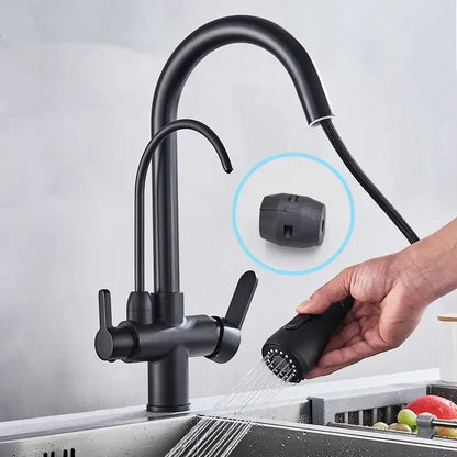 Matte black pull out kitchen faucet with dual handles and water filter mixer from decorbites black for modern kitchens