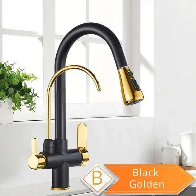 Matte black pull out kitchen faucet with black and gold dual handles and pull-down spray by decorbites black pull