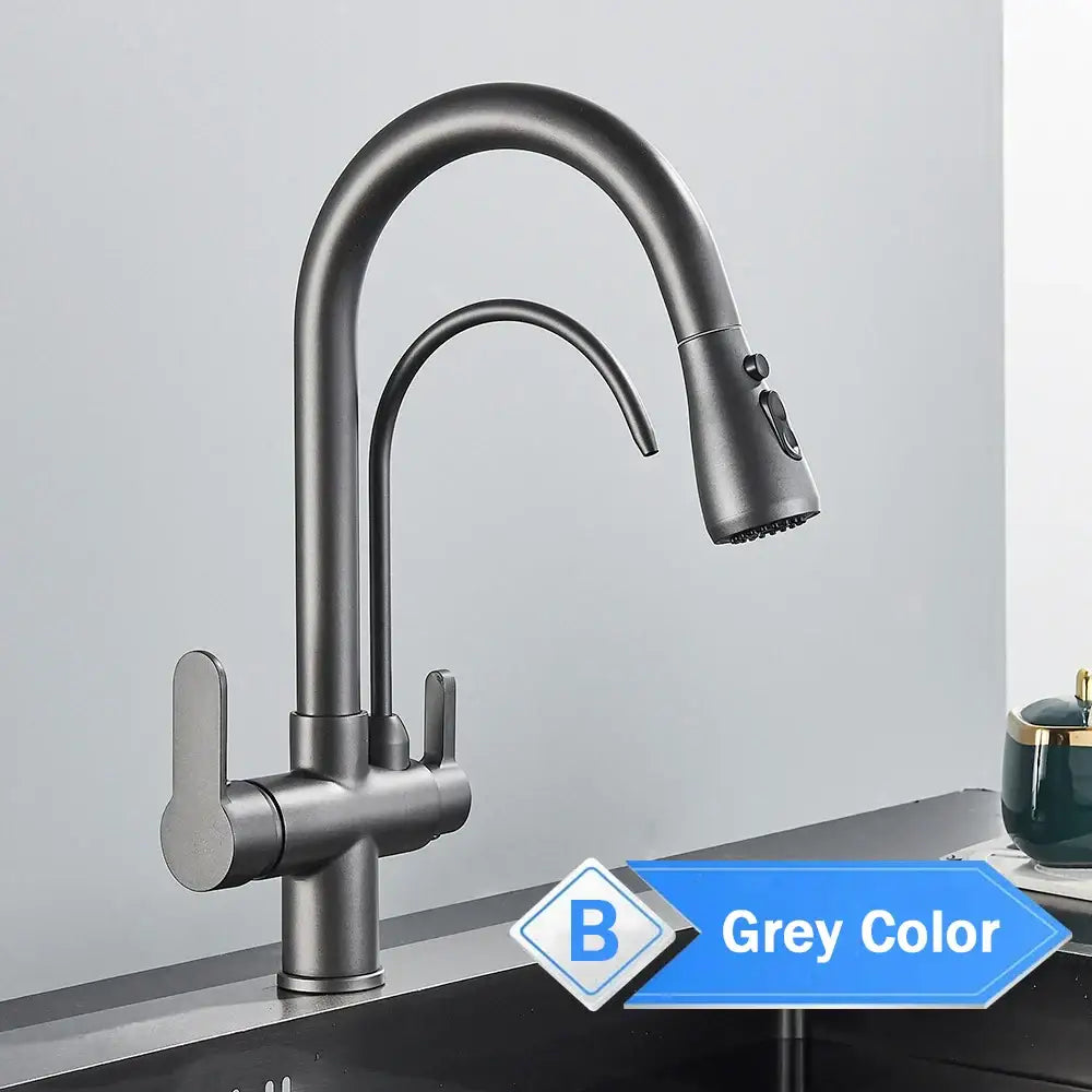 Matte black decorbites black pull kitchen faucet with modern matte grey curved spout and pull-down spray head water filter mixer