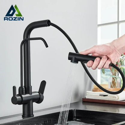 Matte black purification kitchen faucet with black matte finish, flexible pull-out spray head, and flexible hose
