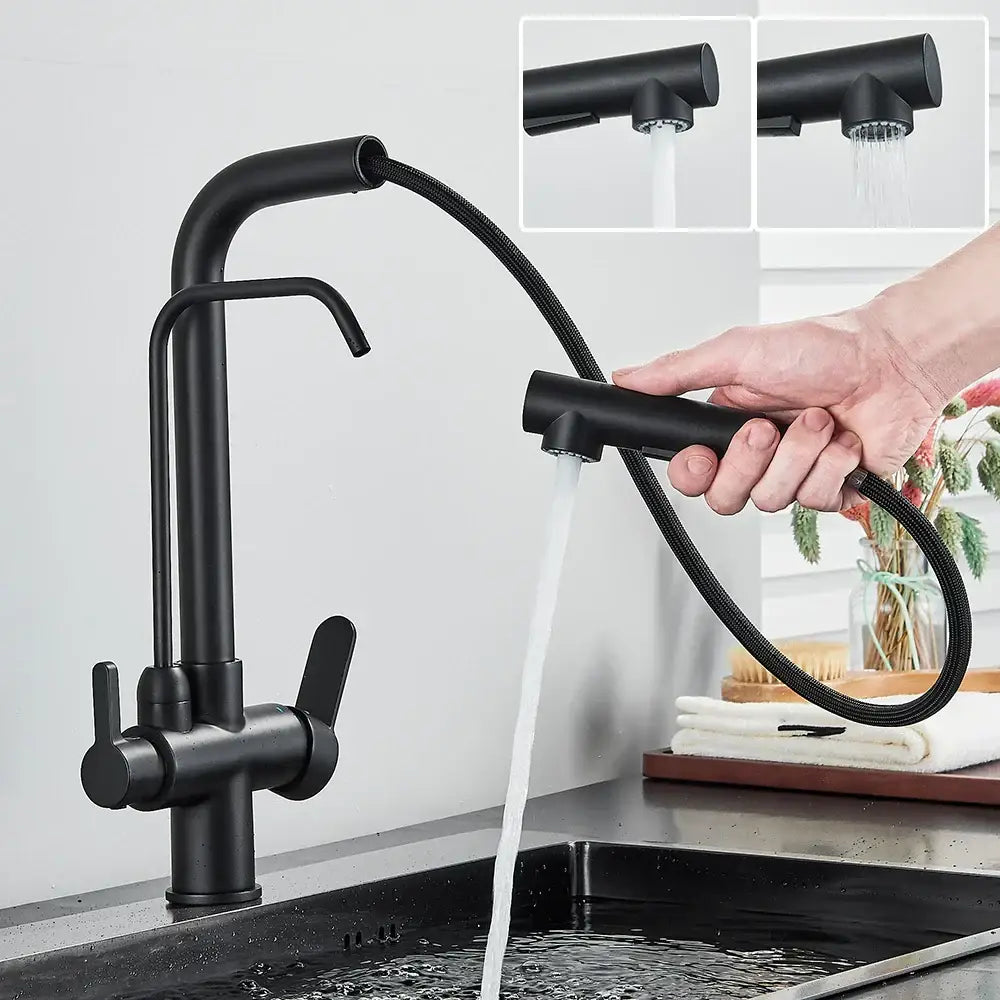 Matte black purification kitchen faucet with flexible pull out spray head and black matte finish for kitchen use