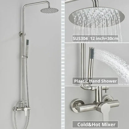 Matte black stainless steel shower faucet set with 12-inch rainhead, adjustable handheld spray, and mixer valve for bathroom