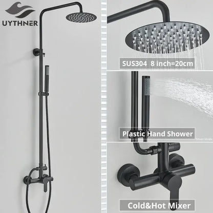 Matte black rainfall shower faucet set with sus304 8-inch rainhead, plastic hand shower, and hot cold mixer for bathroom