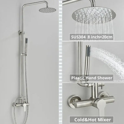 Matte black stainless steel shower faucet set with 8-inch rainhead, handheld spray, and cold-hot mixer for bathroom