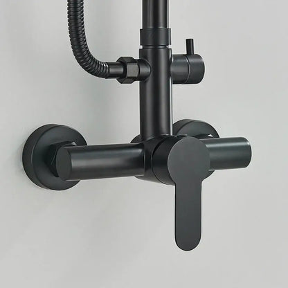 Matte black rainfall shower faucet set with hand shower featuring a sleek wall-mounted shower faucet set with flexible hose