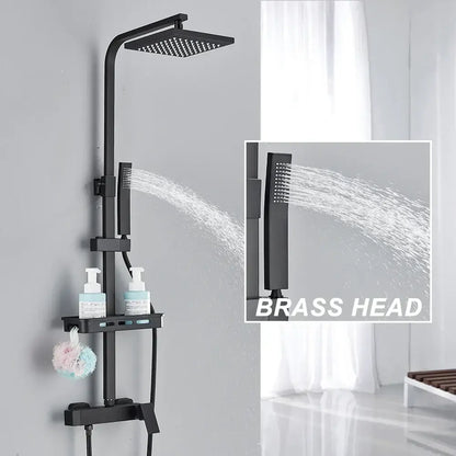 Matte black rainfall shower faucet set with shelf featuring a square rainhead and handheld brass shower faucet for bathroom