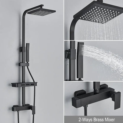 Matte black rainfall shower faucet set with shelf featuring square rainhead handheld spray and 2-ways brass mixer faucet set