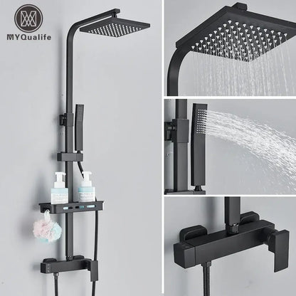 Matte black rainfall shower faucet set with square rainhead handheld spray and integrated shelf for bathroom use