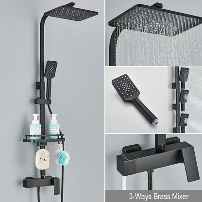 Matte black rainfall shower faucet set with shelf featuring a black matte shower faucet set with square rainhead and brass mixer